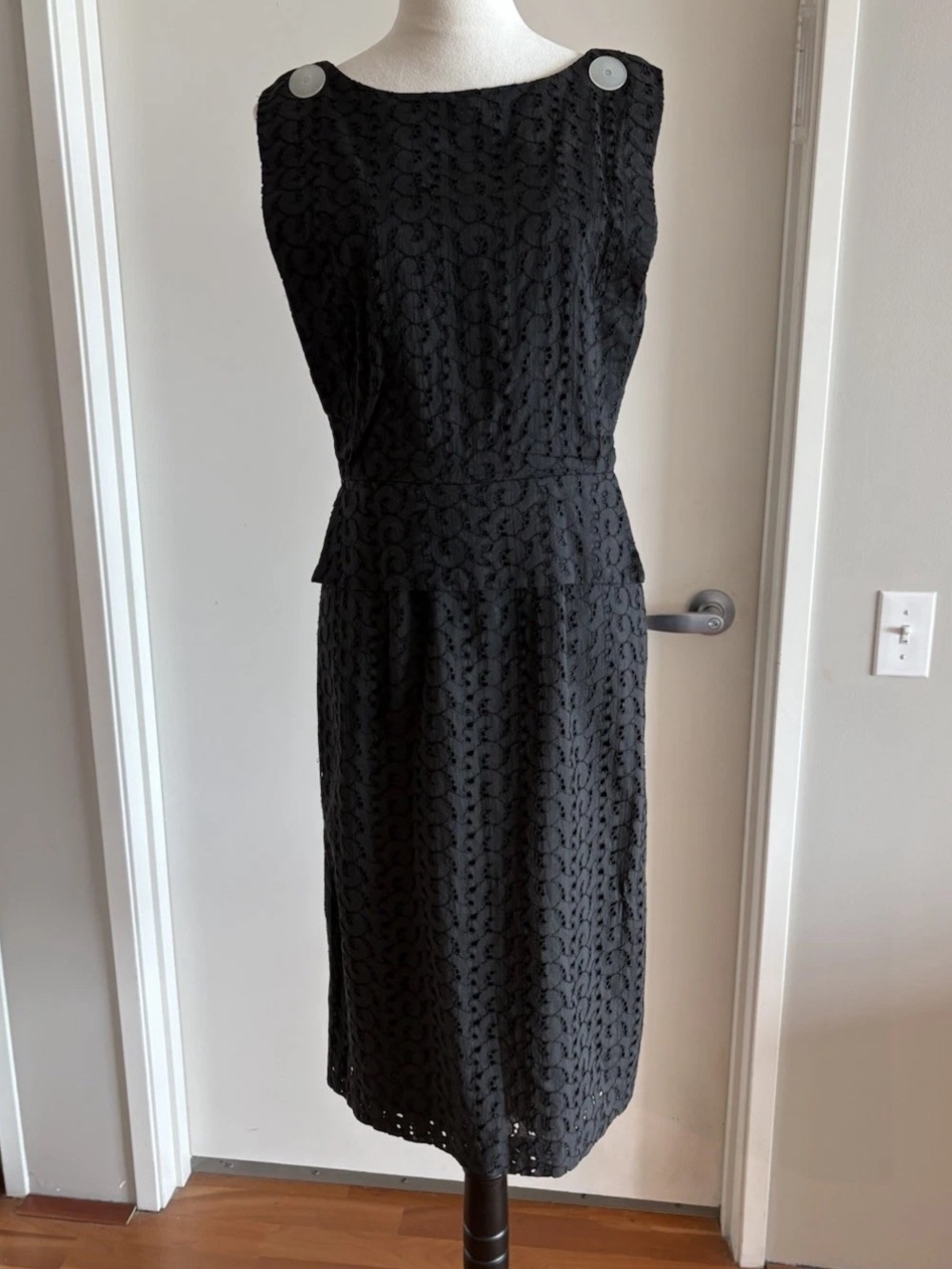 Vintage 1960s Black Eyelet Sheath Dress ILGWU Union Made Mod Cocktail